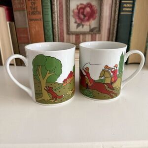 Vintage Horse Rider Hunters  with Dogs Hunting Red Fox Equestrian Mug Set Japan